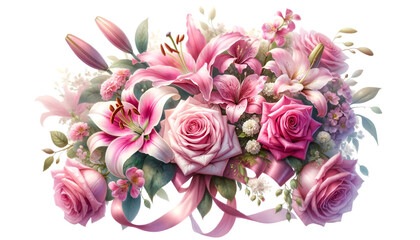 Watercolor of a very beautiful pink flower bouquet. Flowers bunch for valentine's day. - obrazy, fototapety, plakaty