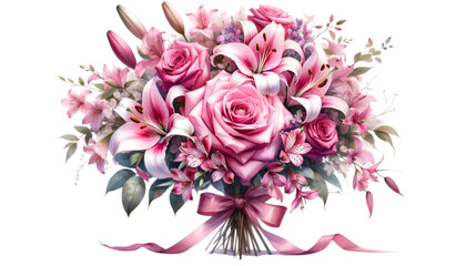 Watercolor of a very beautiful pink flower bouquet. Flowers bunch for valentine's day. - obrazy, fototapety, plakaty