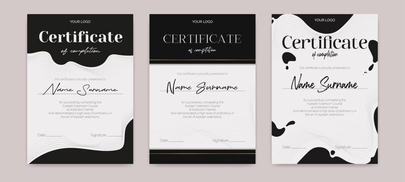 Black and white certificate template with a modern flowing design. Perfect for beauty education, eyelash, or makeup artists. Elegant collection ideal for awards or educational achievements. Not AI.