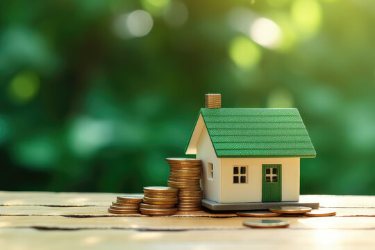 Illustrating the journey of saving money for a home loan, this image features a house model and coins on a green background, symbolizing smart financial planning for mortgage payments.