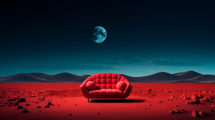 Fototapeta na wymiar Red sofa on the surface of alien planet with a view of space. Concept for space exploration.