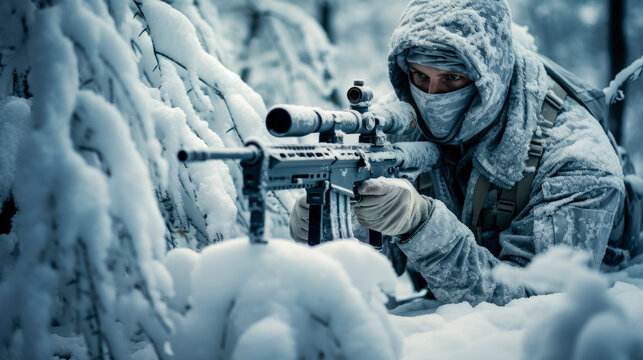 Masked man soldier in the winter on a hunt with a sniper rifle in winter camouflage and equipment lying in the snow.