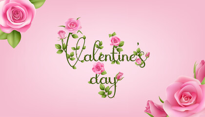A realistic pink roses and vines, creating a Valentine's Day lettering. The beautiful flowers on a pink background Perfect for romantic cards, invitations, and sale banner designs. Not AI.