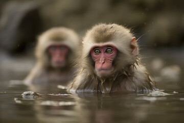 Naklejka premium Monkeys sitting in a hot water spring.