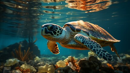 Turtle in ocean close-up. AI generate illustration