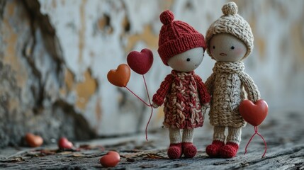 couple en laine tricoté avec des cœurs - obrazy, fototapety, plakaty