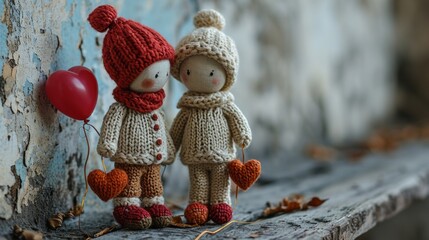 couple en laine tricoté avec des cœurs - obrazy, fototapety, plakaty