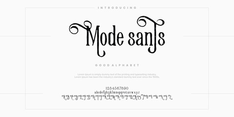 Mode Sants Abstract Fashion font alphabet. Minimal modern urban fonts for logo, brand etc. Typography typeface uppercase lowercase and number. vector illustration - obrazy, fototapety, plakaty
