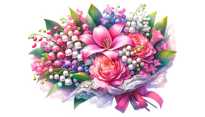 Watercolor of a very beautiful colorful flower bouquet. Flowers bunch for valentine's day.