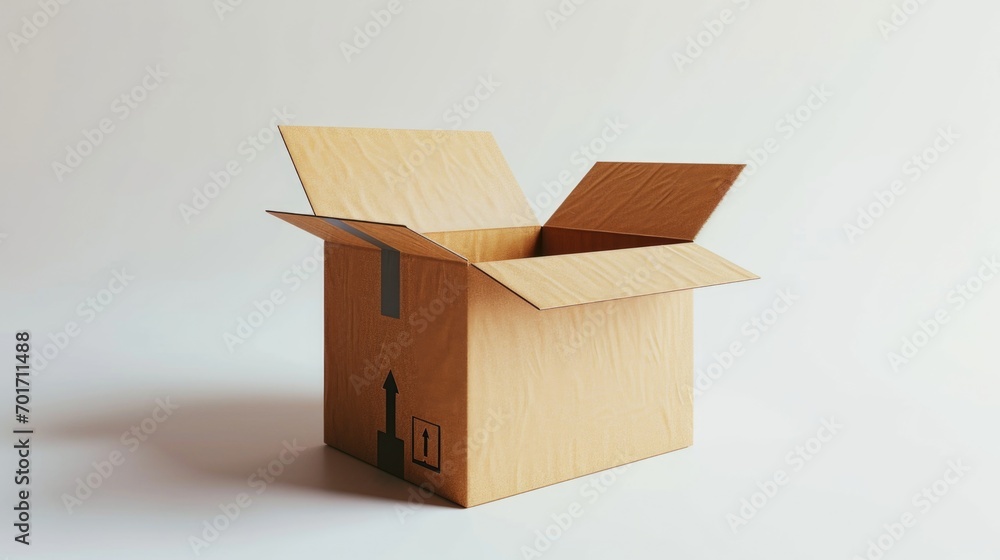 Fototapete Open cardboard box placed on a white surface. Versatile image suitable for various concepts and uses