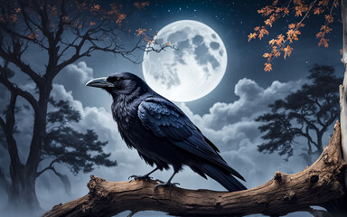 A black raven is sitting on a branch. The night is full moon. AI