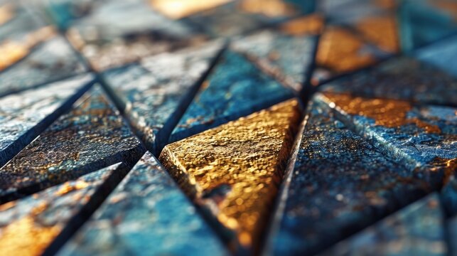 A detailed close-up shot of a blue and gold tile. This image can be used to add an elegant touch to interior design projects or as a background for websites and social media posts