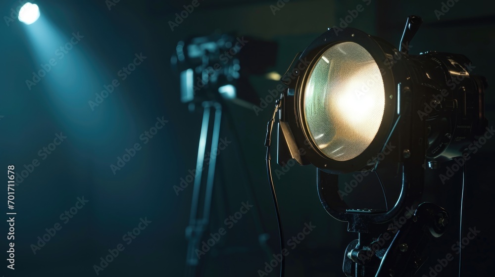 Poster A photo of a light mounted on a tripod, providing a steady source of illumination. Suitable for various uses