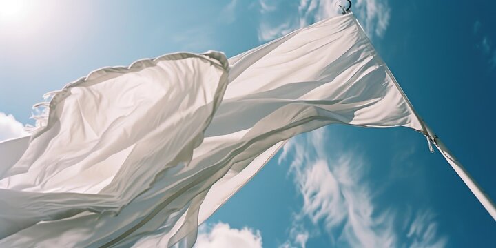 A white flag flying in the wind on a sunny day. This image can be used to symbolize surrender, peace, or a truce. It is suitable for various applications