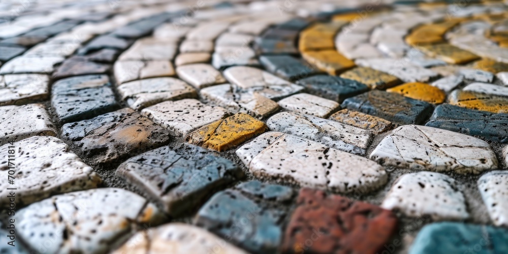 Poster a detailed view of a cobble stone floor, perfect for adding a rustic touch to any design project