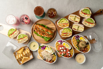 Grapefruit cream cheese salad, konjac rice mushroom salad, fried shrimp salad, onion hot dog, ham cheese egg sandwich, crab meat cheese egg sandwich, egg sandwich, kaya toast