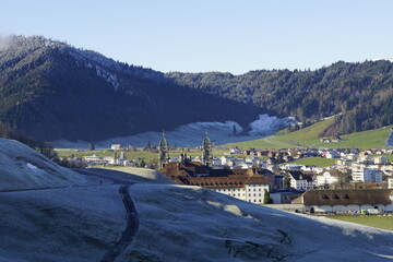 Blick auf das Kloster Einsiedeln vom Friherrenberg aus, Rossstall und Werkstatt des Klosters