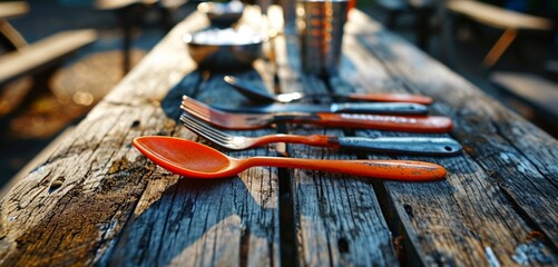 Well-used orange and grey utensils on a rustic wooden table at a cookout.