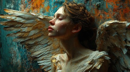Jeune femme angélique avec des ailes dans lieu délabré - obrazy, fototapety, plakaty