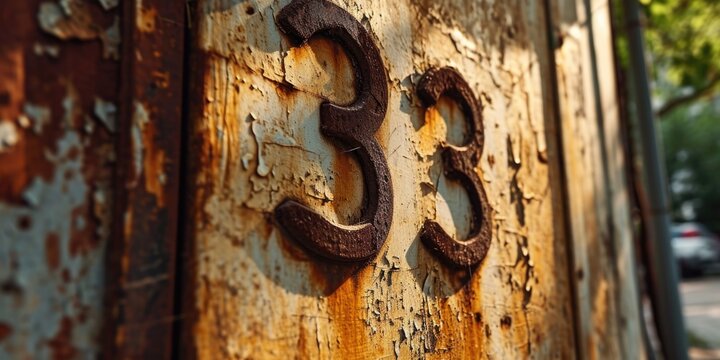 A detailed view of a single number on a wooden door. This image can be used to represent addresses, house numbers, or any numerical concept