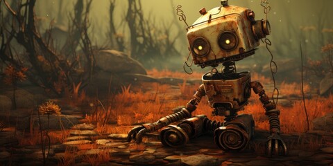 Wretched robot with apocalyptic world on the background - obrazy, fototapety, plakaty