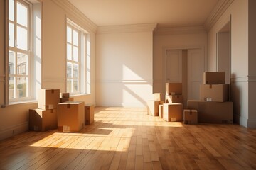 Empty room interior with cardboard boxes ready for moving, new apartment, flat searching concept