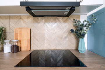 Cooker hood and contemporary glass ceramic stove at domestic kitchen