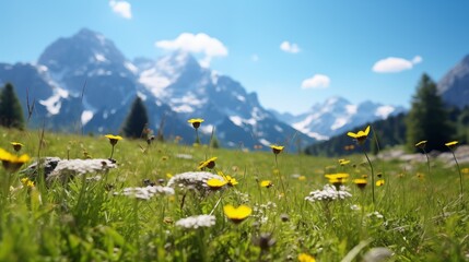 Fototapeta premium Travelling and hiking along the Alpine Swiss or Italy mountain summit range with floral meadow