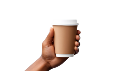 Hand holding a Blank cup of coffee isolated on transparent background Remove png, Clipping Path, pen tool