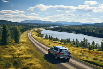 car rides on a highway road in nature with mountains and forests in summer on journey. Landscape...