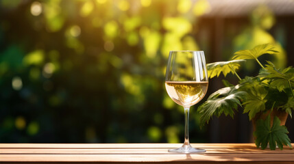 Elegant glass of white wine on blurres background with wine grapes in winery. Young wine....