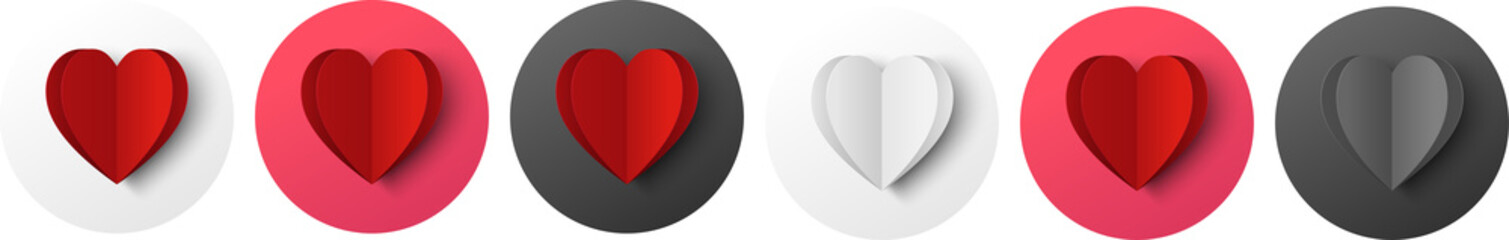 White, red, black heart paper cut icon on color circle isolated on white background. Vector...