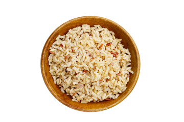 Cooked brown rice on white background.
