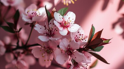 Soft and delicate cherry blossoms are beautifully arranged on a soft pink background