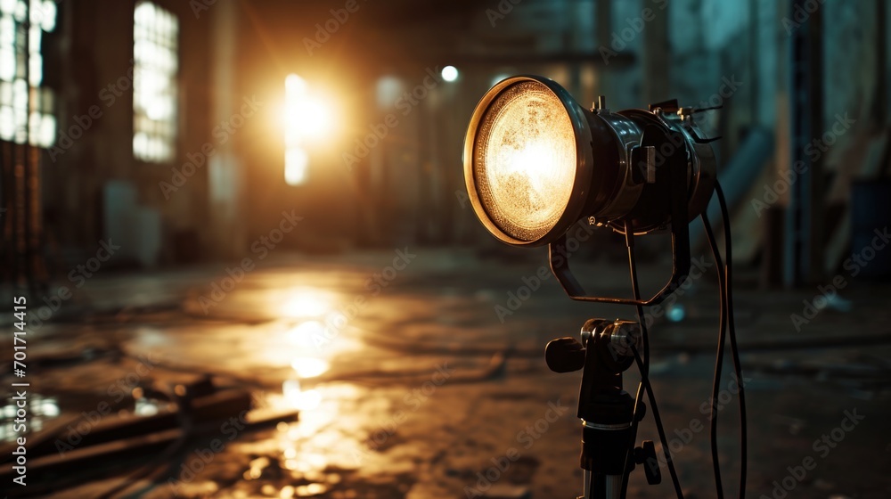 Poster a light mounted on a tripod inside a building. can be used for various indoor lighting setups