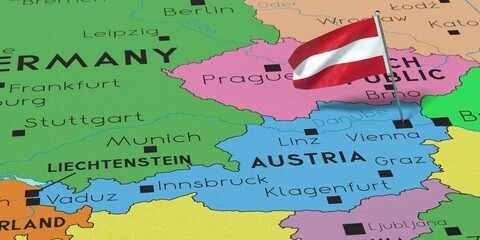 Austria, Vienna - national flag pinned on political map - 3D illustration