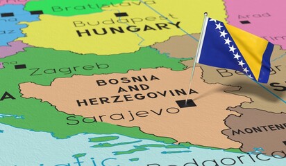 Naklejka premium Bosnia and Herzegovina, Sarajevo - national flag pinned on political map - 3D illustration