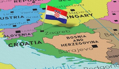 Obraz premium Croatia, Zagreb - national flag pinned on political map - 3D illustration