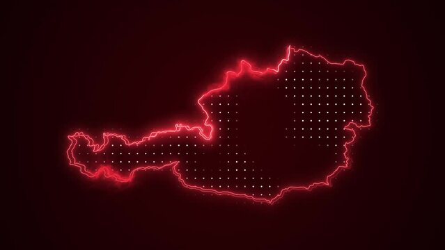 Neon Red Austria Map Borders Outline Loop Background. Neon Red Colored Austria Map Borders Outline Seamless Loop Dark Background. Austria Neon Map Borders Outline.