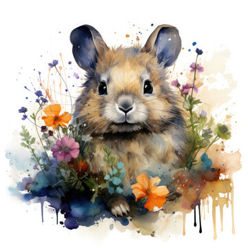 watercolor bunny surrounded by colorful flowers clip art preview
