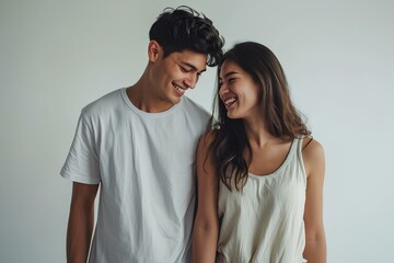 romantic young asian couple smiling and holding hands while standing against white studio background. generative AI - Powered by Adobe