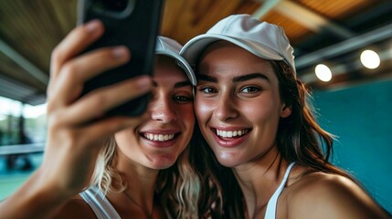 Cropped shot of two attractive young female tennis players taking selfies in their clubhouse,
