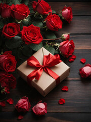 Valentine's Day Gift with Red Roses on a Dark Wood Background