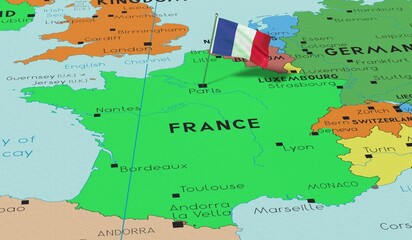 Obraz premium France, Paris - national flag pinned on political map - 3D illustration