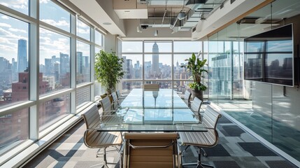 Executive conference room with a sleek glass table and cityscape views