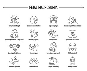 Fetal Macrosomia symptoms, diagnostic and treatment vector icons. Line editable medical icons.