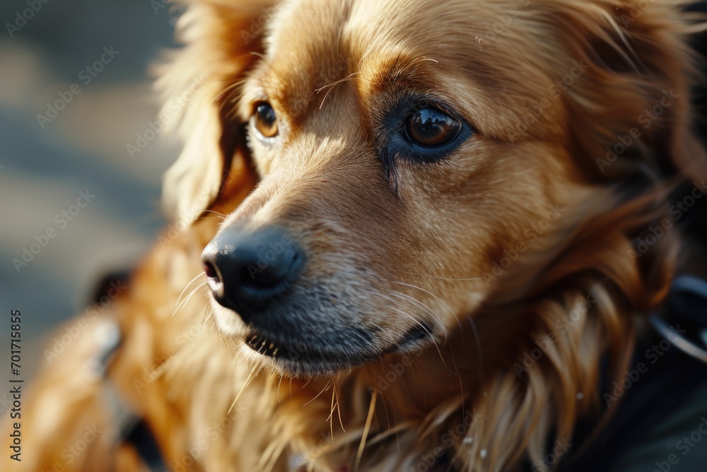 Poster a close-up view of a dog's face with a blurred background. this image captures the detailed features