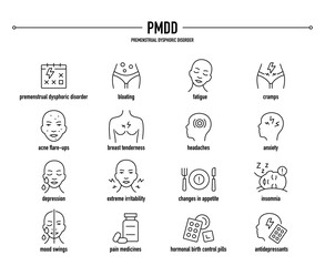Premenstrual Dysphoric Disorder symptoms, diagnostic and treatment vector icons. Line editable medical icons.