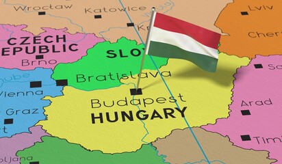 Naklejka premium Hungary, Budapest - national flag pinned on political map - 3D illustration