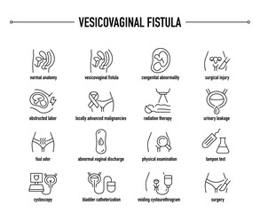 Vesicovaginal Fistula symptoms, diagnostic and treatment vector icons. Line editable medical icons.	